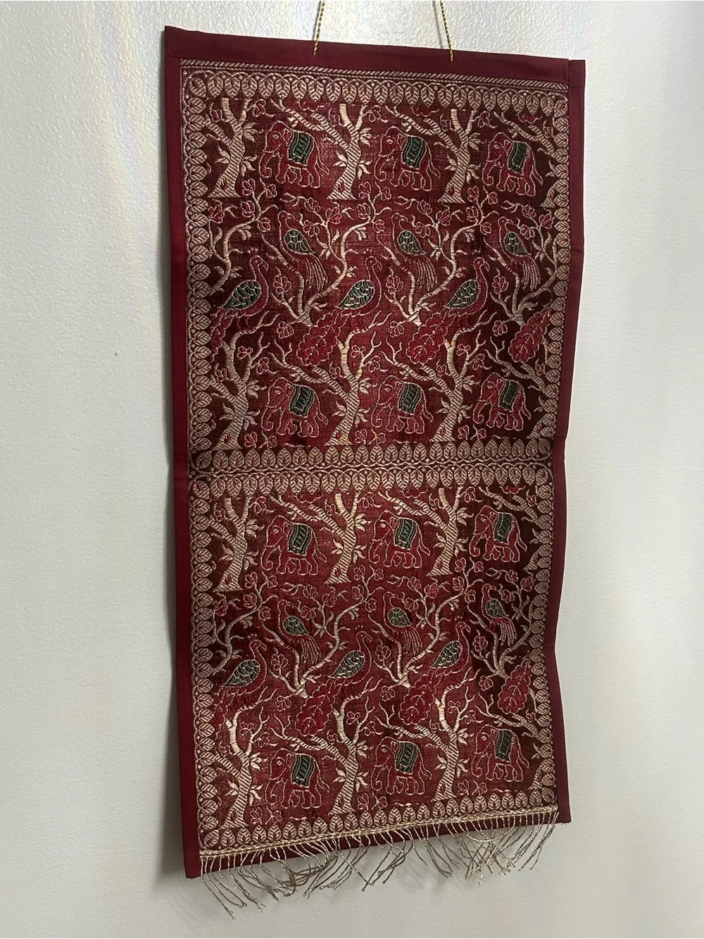 Embroidered Tapestry Wall Hanging with Elephants & Peacocks Gold, Red, Green